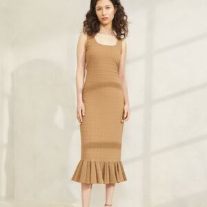 NWT Loeffler Randall Yessica Stretch Seersucker Midi Dress in Brown, Size